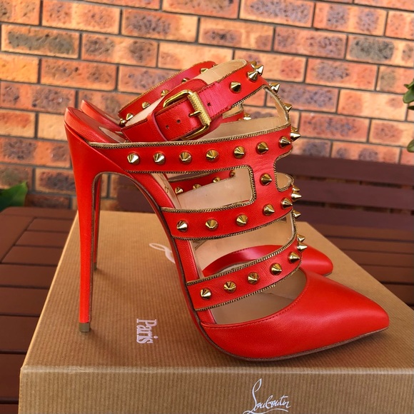 Christian Louboutin Tchicaboum 120mm Studded Orange Caged Heels 37.5 RRP$1750 - Picture 5 of 14